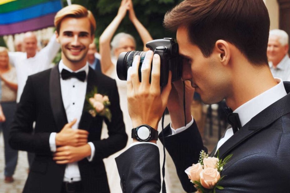 A man holding a camera to his eye learning how to take great wedding photos